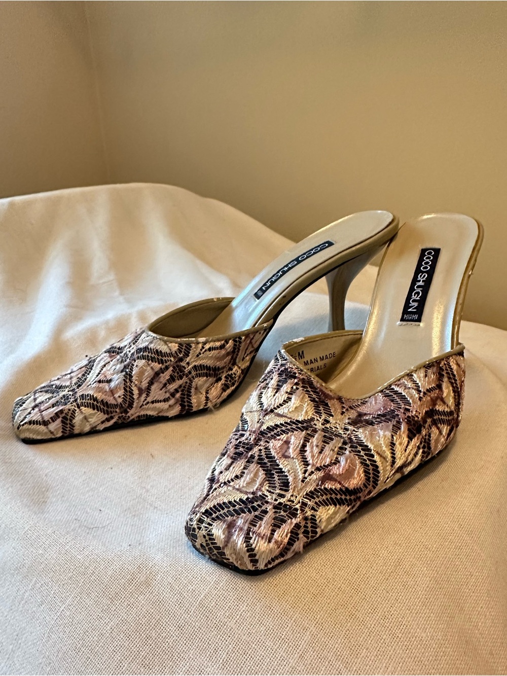 Y2K Beaded Tapestry Kitten Heel Mules 6.5 Square Toe Coquette Whimsigoth Dainty